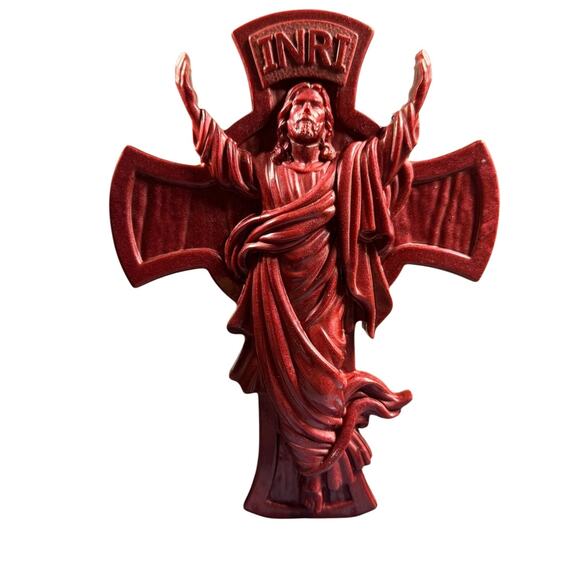 Hand Crafted Jewelry - Burgundy Catholic Cross Wall Decor Faith Inspired Home Accent Handcrafted Resin